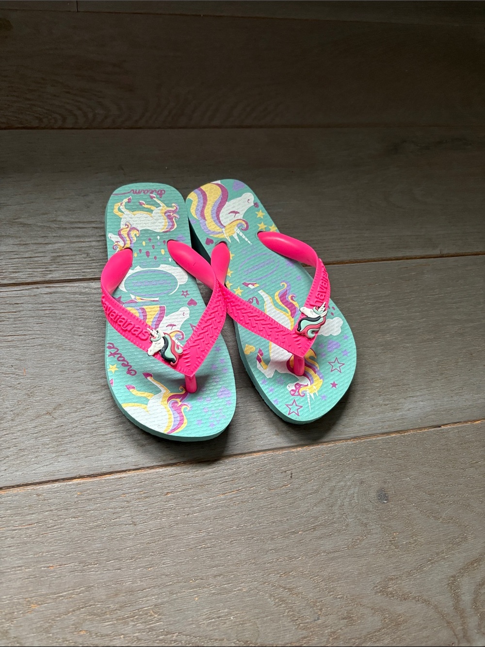 Havaianas Kids Unicorn Flip Flops - Hot Pink Straps on Teal Footbed